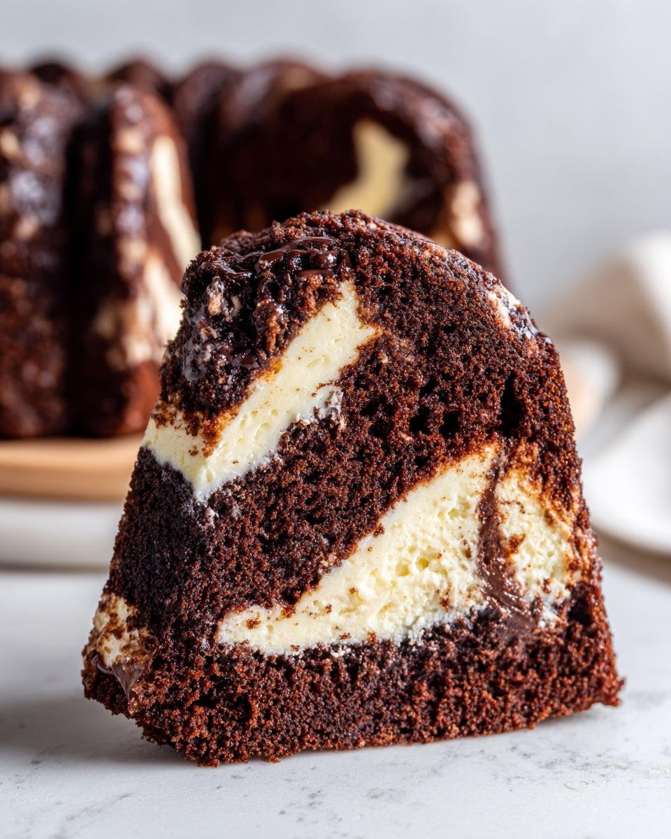 Gros plan d'une tranche de Schoko-Gugelhupf avec garniture cheesecake, montrant les couches de chocolat et de fromage.