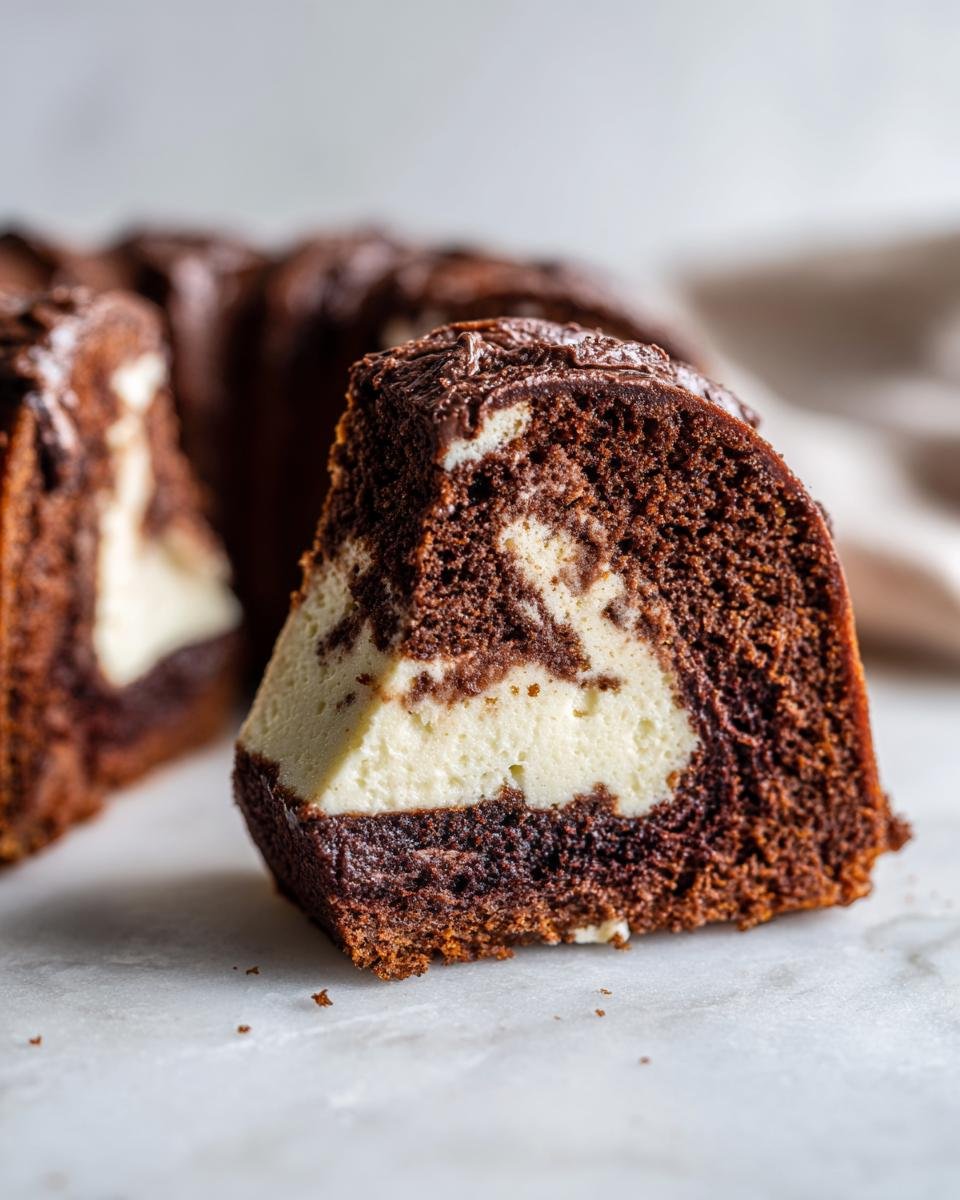 Gros plan d'une tranche de Schoko-Gugelhupf avec garniture au cheesecake, montrant le marbrage du chocolat et de la crème.
