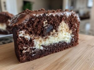 Gros plan d'une tranche de Schoko-Gugelhupf avec garniture au cheesecake, glaçage au chocolat et miettes.