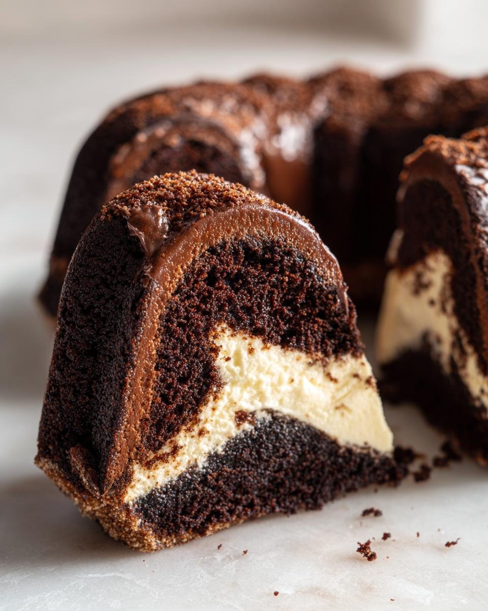 Gros plan d'une tranche de Schoko-Gugelhupf avec garniture cheesecake, montrant le marbrage chocolaté et la crème onctueuse.