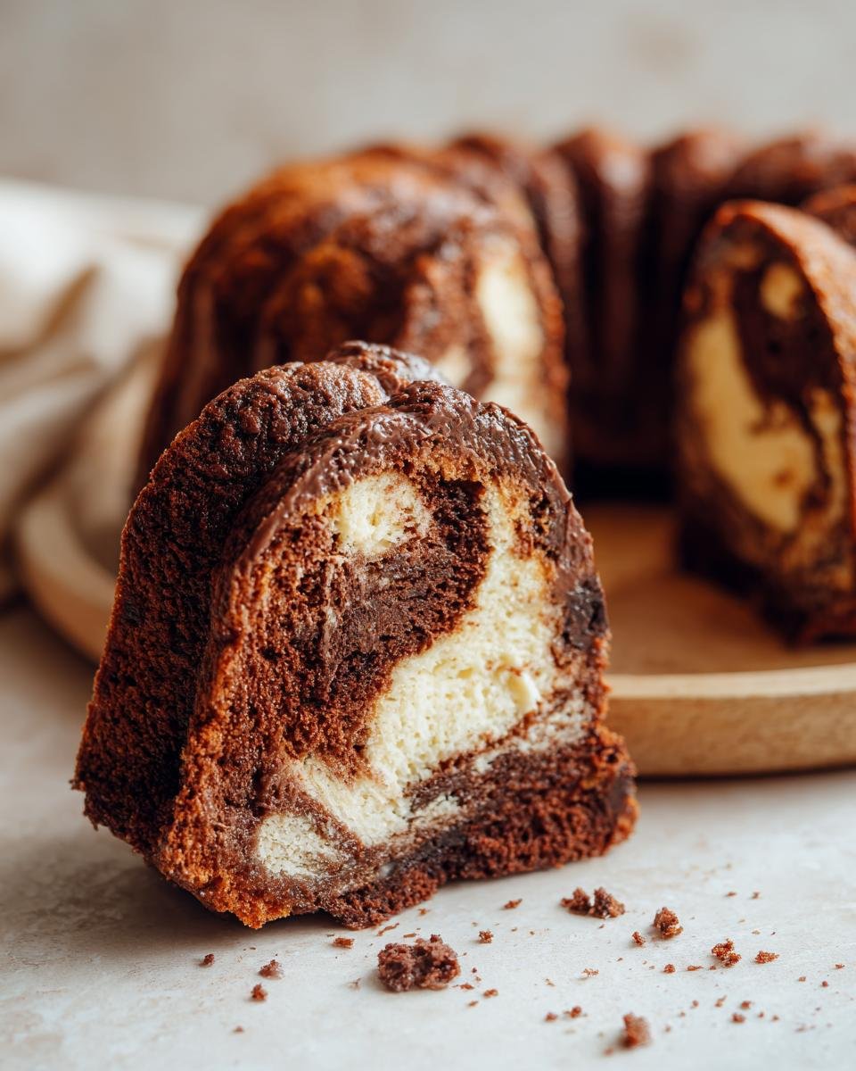 Schoko-Gugelhupf Cheesecake : 450 calories folles 3 Gros plan d'une tranche de Schoko-Gugelhupf Cheesecake marbré au chocolat et à la vanille.