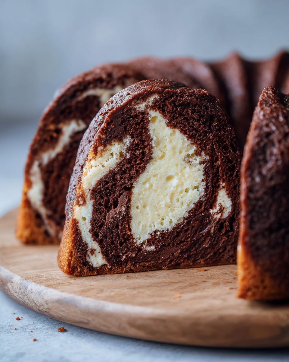 Schoko-Gugelhupf Cheesecake : 450 calories folles 1 Gros plan d'une tranche de Schoko-Gugelhupf Cheesecake marbré au chocolat et à la crème.