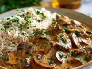 Stroganoff de Champignons Riz Complet Plat de stroganoff de champignons avec riz complet dans une assiette blanche