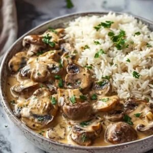 Plat de stroganoff de champignons avec riz complet dans une assiette blanche