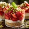 Verrine de tartare de fraises avec pistaches et sablés émiettés