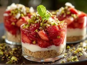 Verrine de tartare de fraises avec pistaches et sablés émiettés