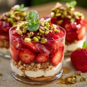 Tartare de Fraises Pistaches Sablés 3 Verrine de tartare de fraises avec pistaches et sablés émiettés