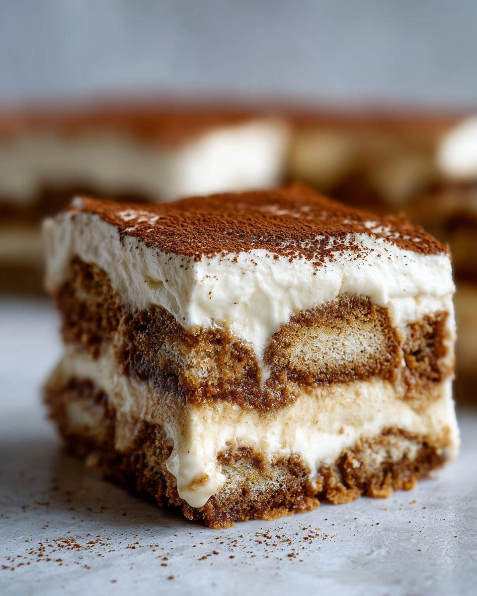 Gros plan d'une part de Tiramisu Biscoff, avec des couches de biscuits imbibés et de crème, saupoudrée de cacao.