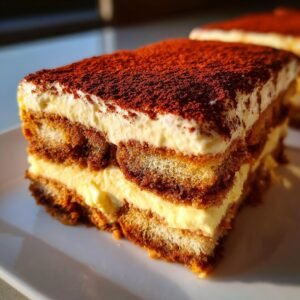 Gros plan d'une part de Tiramisu Biscoff sur une assiette blanche, saupoudrée de cacao.