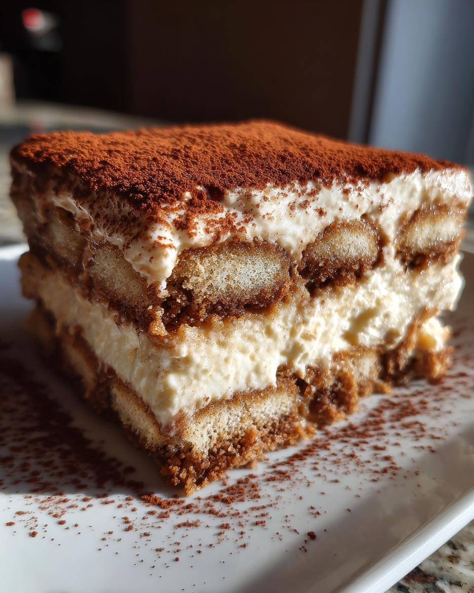 Gros plan d'une part de Tiramisu Biscoff recette sur une assiette, saupoudrée de cacao.