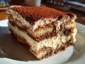 Gros plan d'une part de Tiramisu Biscoff sur une assiette blanche, saupoudrée de cacao.