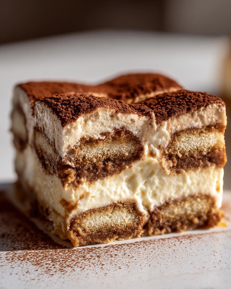 Gros plan sur une part de Tiramisu Biscoff recette, avec couches de biscuits imbibés et crème onctueuse, saupoudré de cacao.