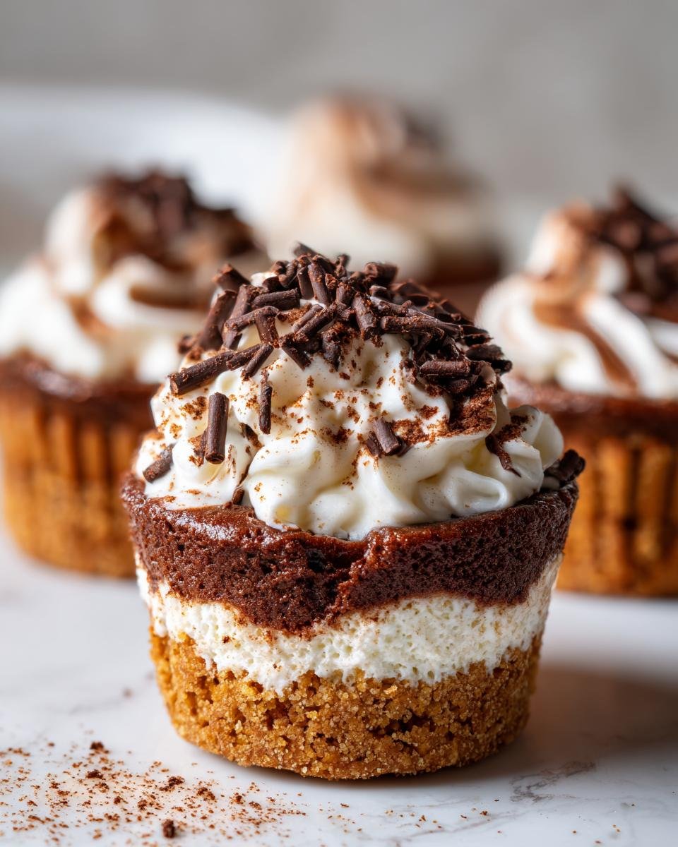 Gros plan sur des Tiramisu Cookie Cups avec garniture de crème fouettée et copeaux de chocolat.