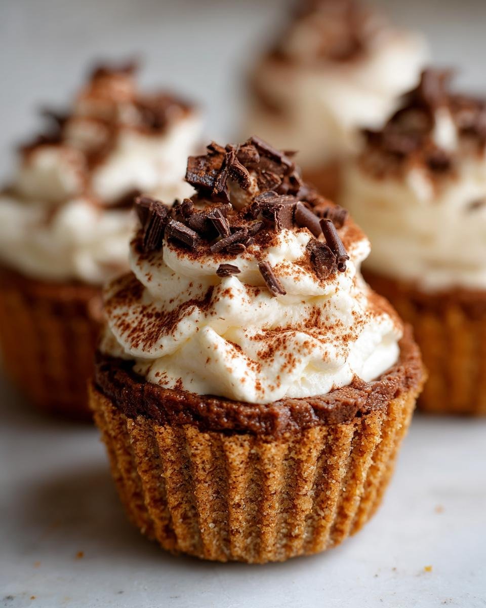 Gros plan d'un Tiramisu Cookie Cup garni de crème fouettée, de cacao et de copeaux de chocolat.