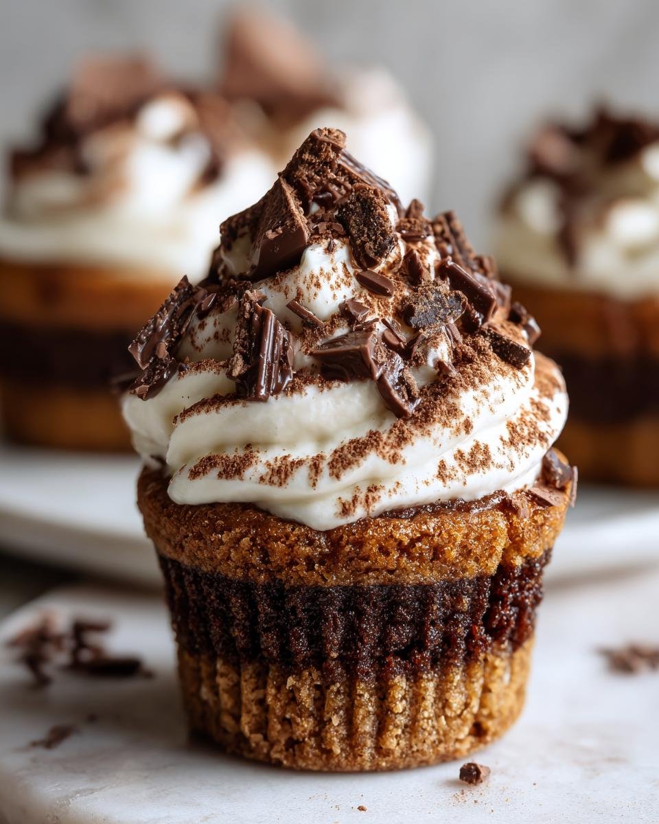 Gros plan d'un Tiramisu Cookie Cup garni de crème fouettée, de copeaux de chocolat et de cacao.