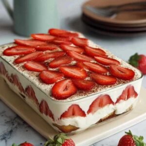 Tiramisu aux fraises mascarpone 3 Tiramisu aux fraises mascarpone dans un plat en verre avec fraises fraîches