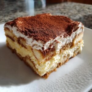 Gros plan d'une part de tiramisu au fromage cottage, garnie de cacao en poudre.