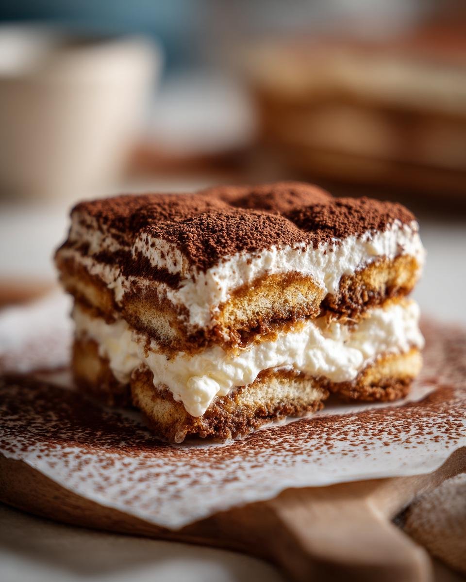 Gros plan d'une part de Tiramisu au Fromage Cottage, saupoudrée de cacao.