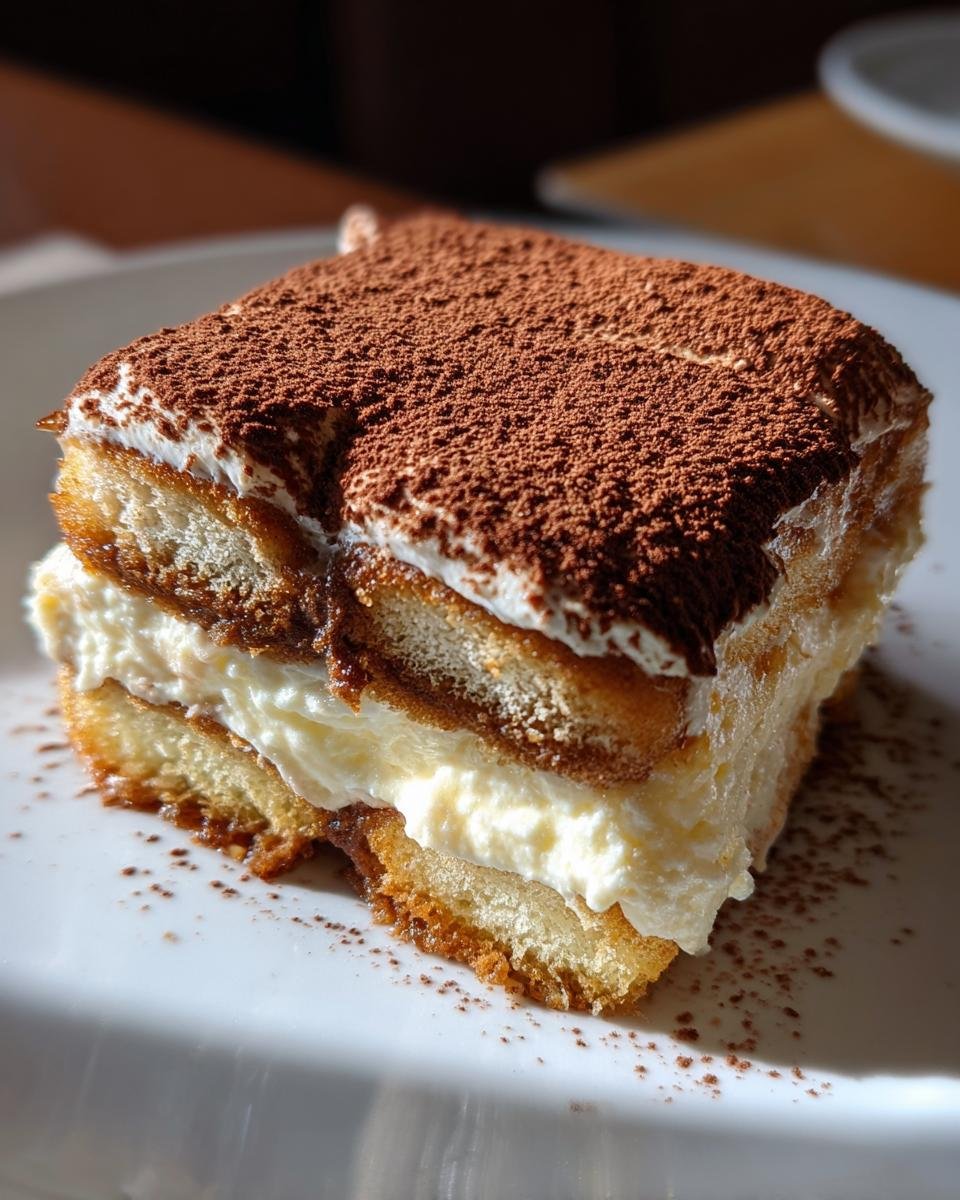 Gros plan d'une part de Tiramisu au Fromage Cottage, saupoudrée de cacao.