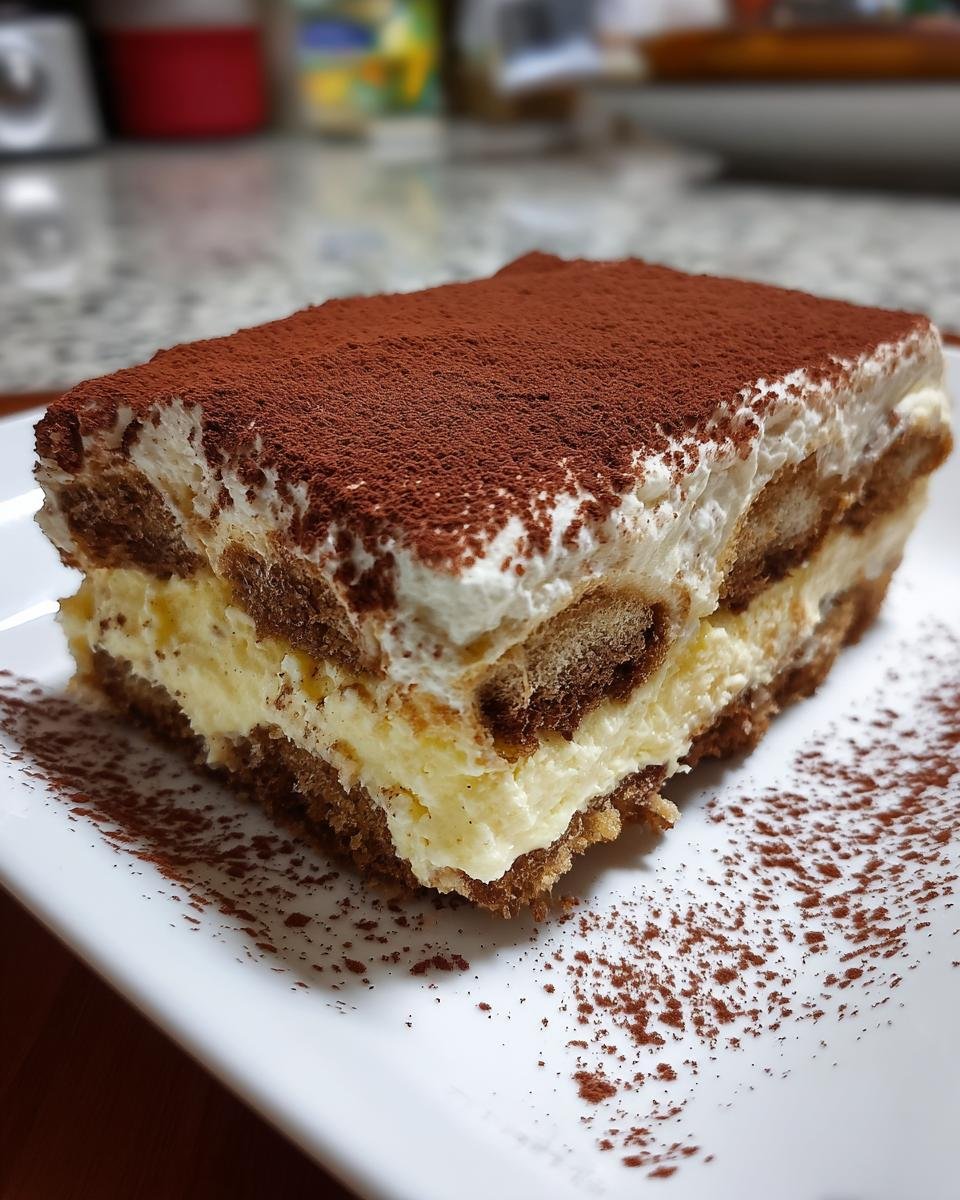 Gros plan d'une part de Tiramisu au Fromage Cottage, saupoudrée de cacao.