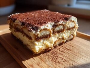 Gros plan d'une part de tiramisu au fromage cottage, garnie de cacao en poudre.