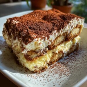 Gros plan d'une part de tiramisu au fromage cottage, saupoudrée de cacao.