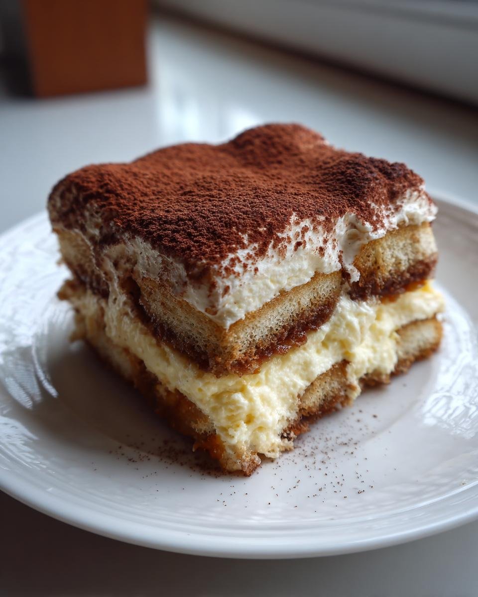 Tiramisu fromage cottage : 1 recette facile et divine 1 Gros plan d'une part de tiramisu au fromage cottage crémeux, saupoudré de cacao.