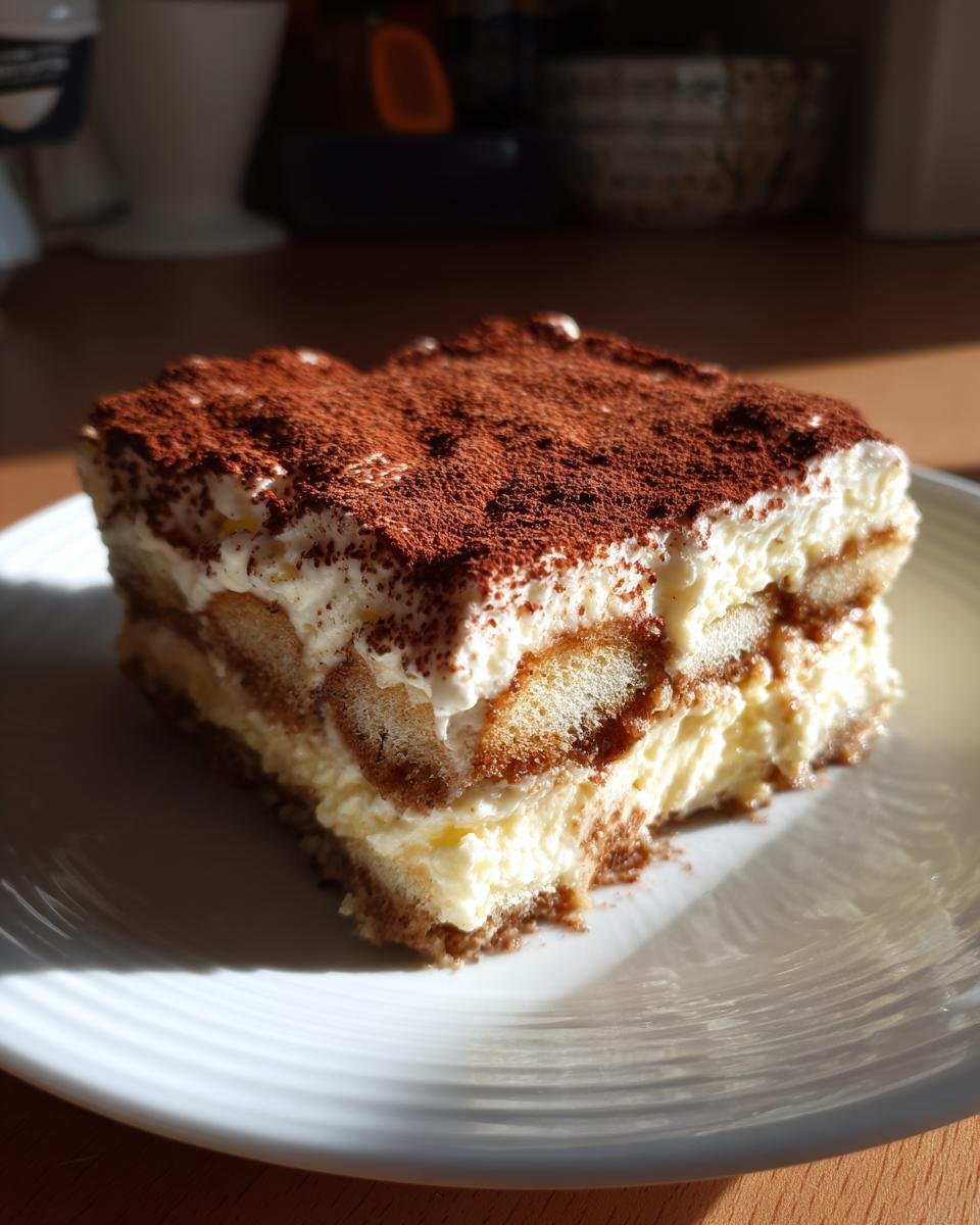 Tiramisu fromage cottage : 1 recette facile et divine 2 Une part de tiramisu au fromage cottage crémeux, garnie de cacao en poudre et de biscuits à la cuillère.