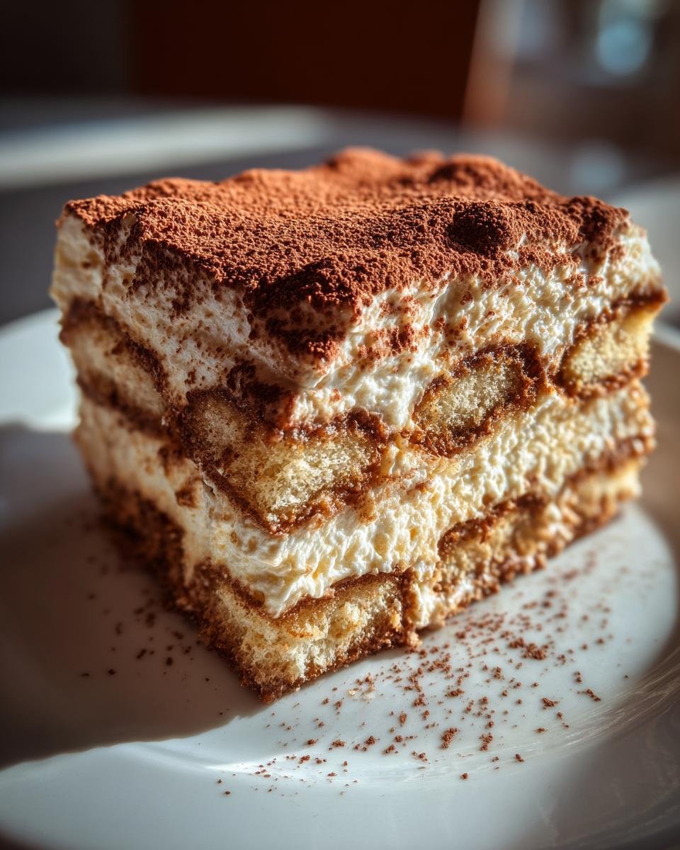 Tiramisu fromage cottage : 1 recette facile et divine 3 Gros plan d'une tranche de tiramisu au fromage cottage, garnie de cacao en poudre.