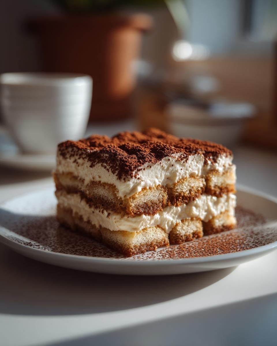 Tiramisu fromage cottage : 1 recette facile et divine 4 Gros plan d'une tranche de tiramisu au fromage cottage, garnie de cacao en poudre.