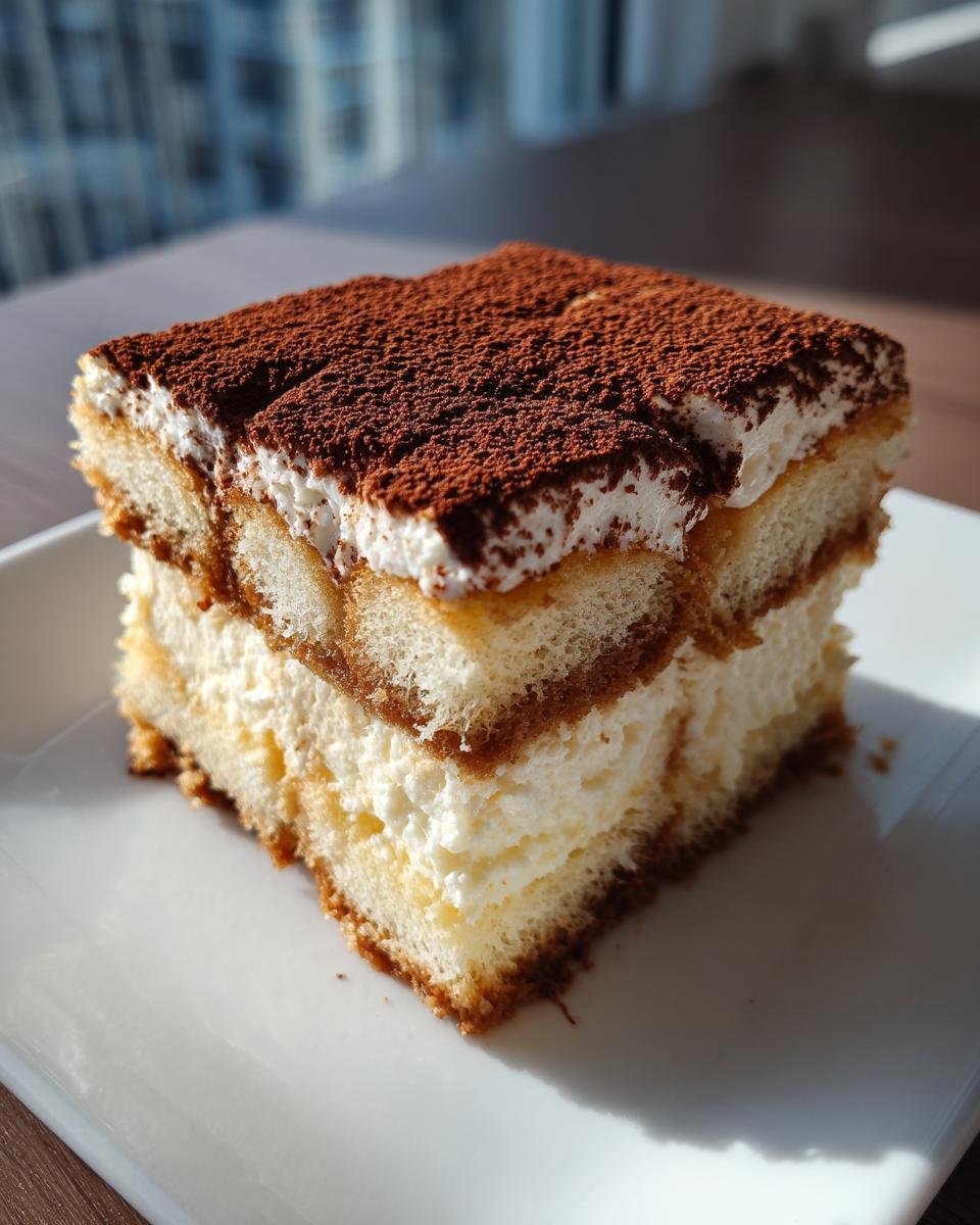 Gros plan d'une tranche de Tiramisu au Fromage Cottage sur une assiette blanche, saupoudrée de cacao.