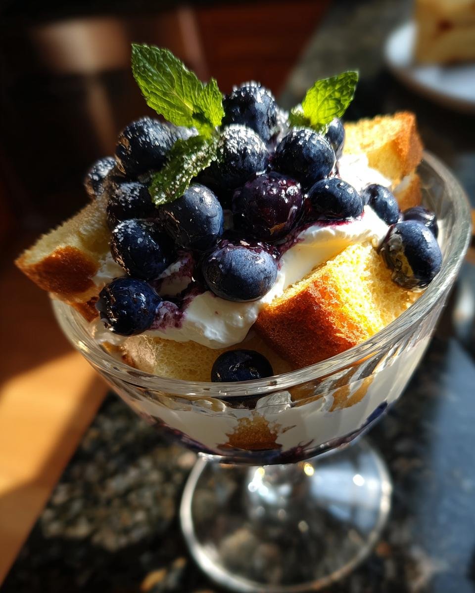 Tiramisu aux myrtilles : un délice en 30 min 3 Gros plan d'une coupe de tiramisu aux myrtilles sans œuf, garnie de myrtilles fraîches et de menthe.