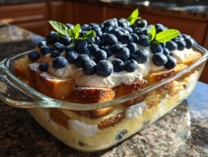 Tiramisu aux myrtilles sans œuf dans un plat en verre, garni de myrtilles fraîches et de feuilles de menthe.