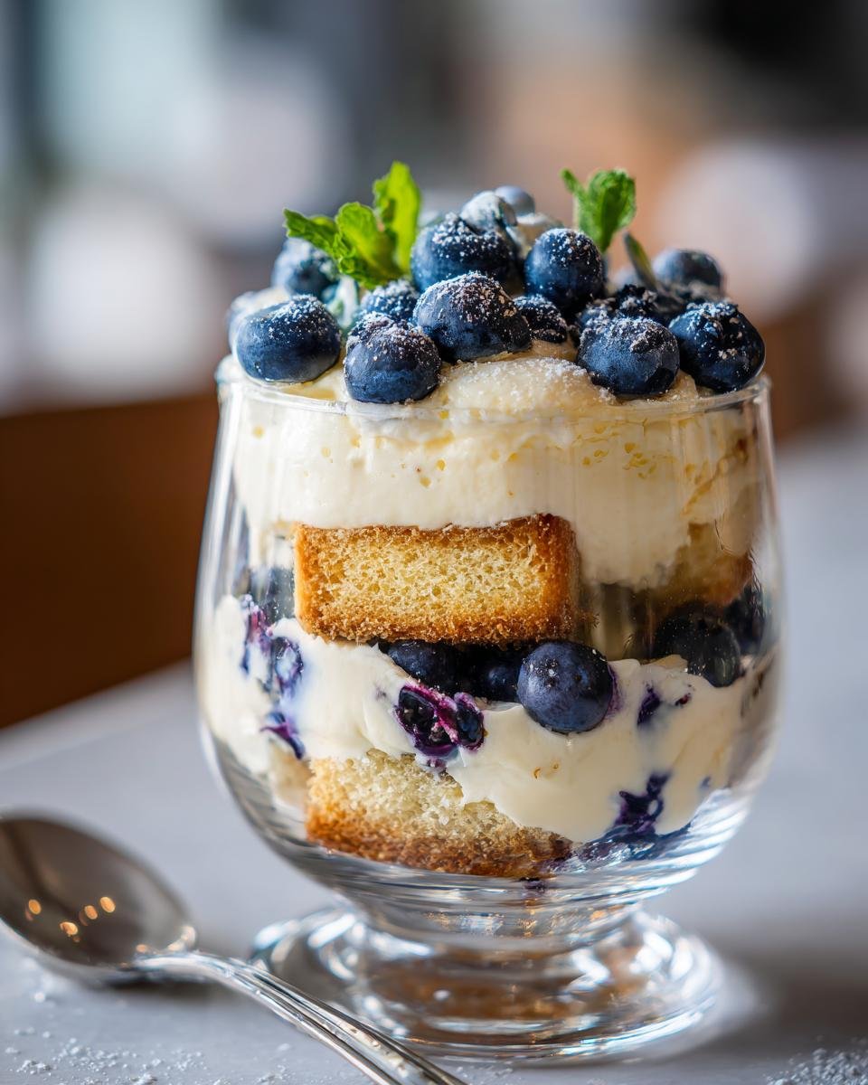 Tiramisu aux myrtilles : un délice en 30 min 4 Gros plan d'un tiramisu aux myrtilles sans œuf dans un verre, garni de myrtilles fraîches et de menthe.