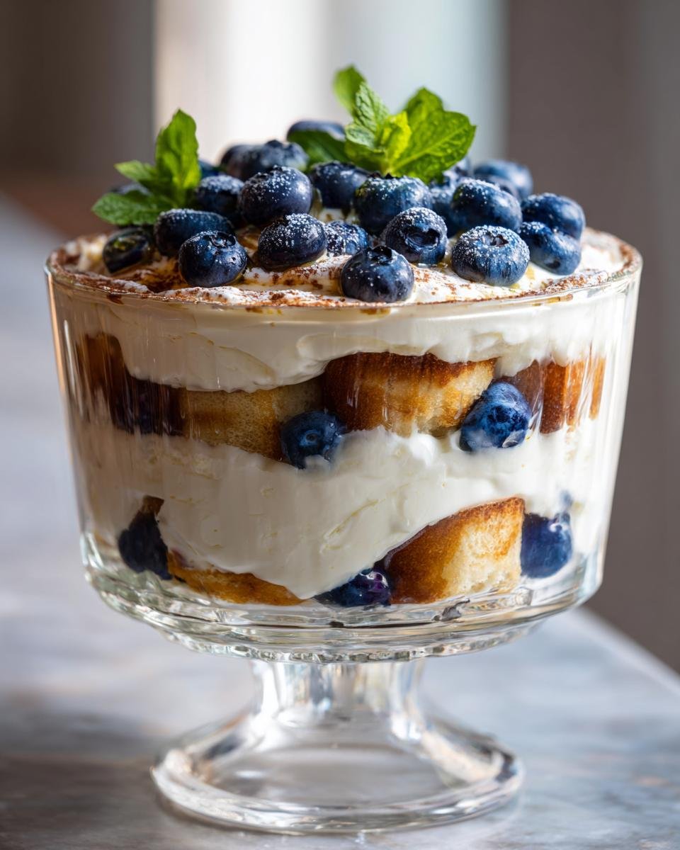 Tiramisu aux myrtilles : un délice en 30 min 1 Gros plan d'un tiramisu aux myrtilles sans œuf dans un verre, garni de myrtilles fraîches et de menthe.