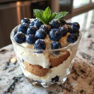 Gros plan d'un tiramisu aux myrtilles sans œuf dans un verre, garni de myrtilles fraîches et de menthe.