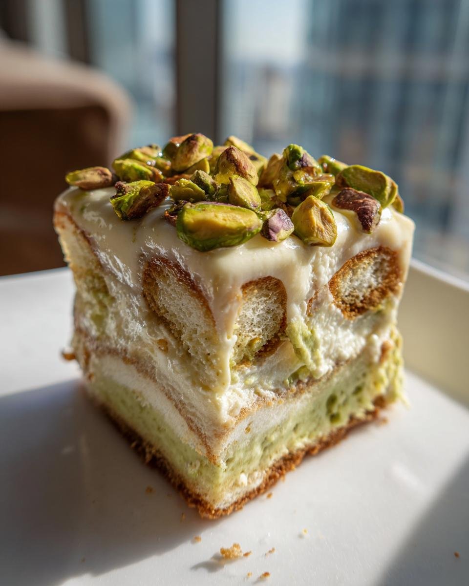 Gros plan d'une part de tiramisu pistache garnie de pistaches concassées et de crème.