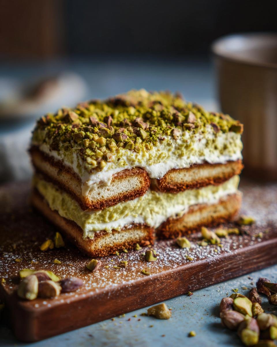 Tiramisu aux Pistaches : 1 recette divine et facile 1 Gros plan d'une part de tiramisu aux pistaches, garnie de pistaches concassées.