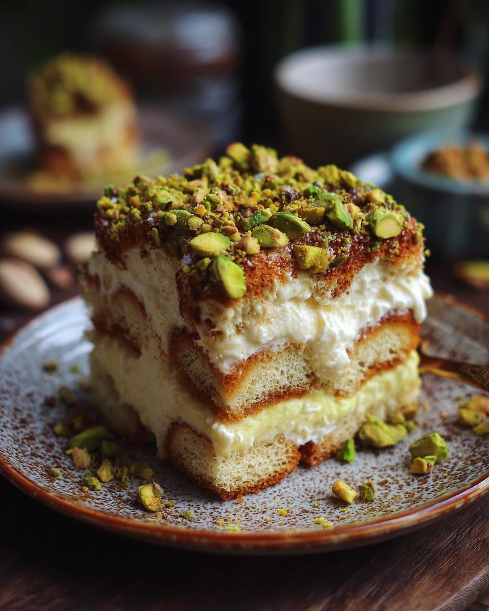 Tiramisu aux Pistaches : 1 recette divine et facile 2 Gros plan d'une part de tiramisu aux pistaches, garnie de pistaches concassées et de biscuits à la cuillère.