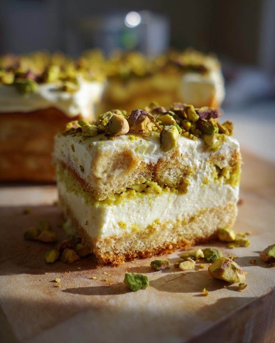 Une part de tiramisu aux pistaches crémeux, garnie de pistaches concassées et de biscuits à la cuillère.