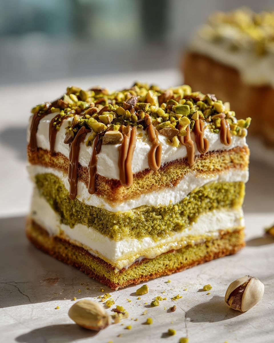 Gros plan d'une part de tiramisu aux pistaches, garnie de pistaches concassées et de sauce caramel.