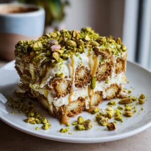 Gros plan d'une part de tiramisu aux pistaches, garnie de pistaches concassées et de sauce caramel.
