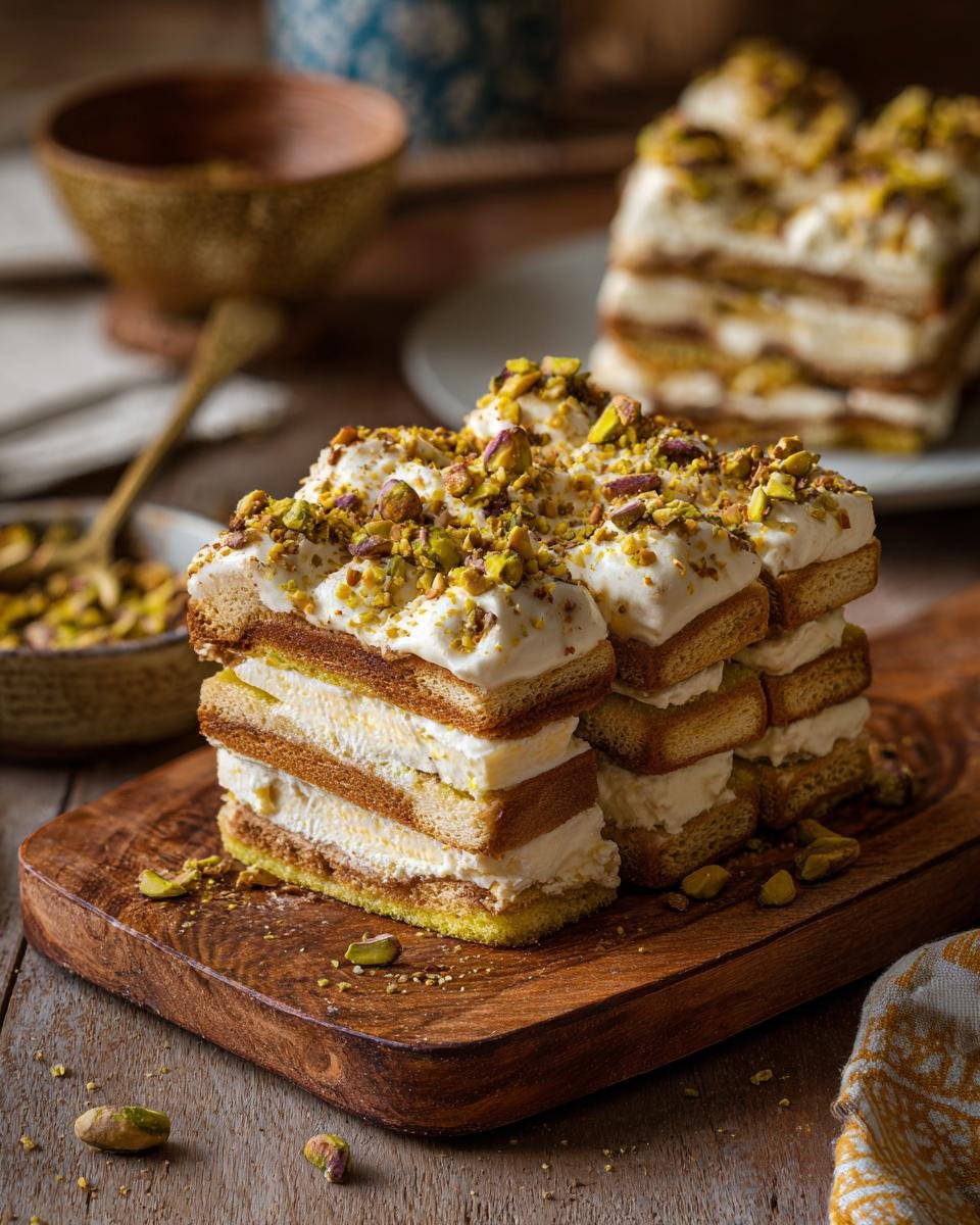 Tiramisu aux Pistaches : 1 recette divine et facile 4 Gros plan sur des portions de tiramisu aux pistaches, garnies de pistaches concassées, sur une planche en bois.