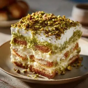 Gros plan d'une tranche de tiramisu aux pistaches, garnie de crème et de pistaches concassées.