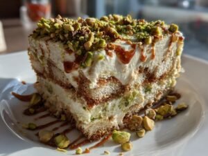 Gros plan d'une tranche de tiramisu aux pistaches, garnie de pistaches concassées et de caramel.