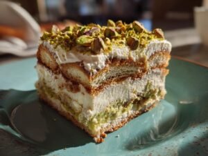 Gros plan d'une tranche de tiramisu aux pistaches, garnie de pistaches concassées.