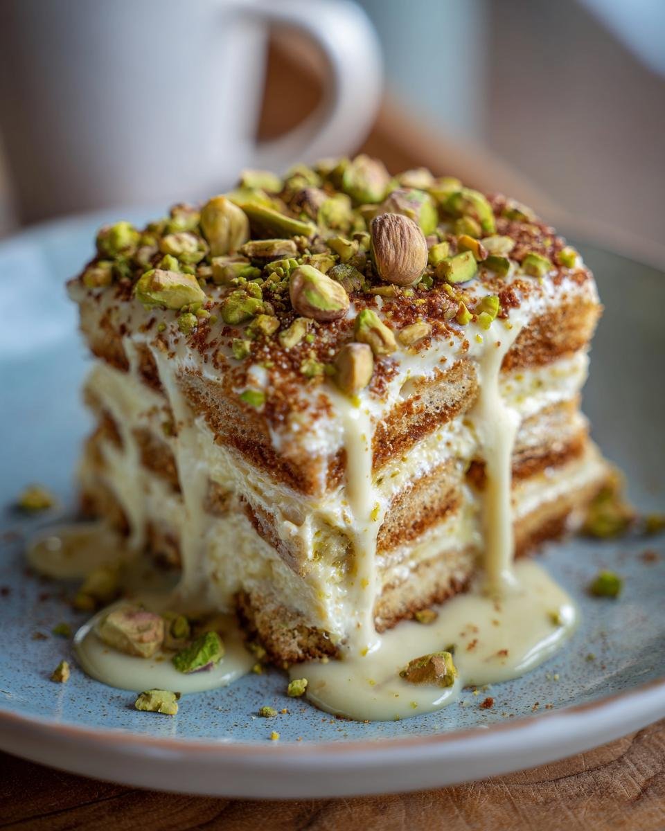 Gros plan d'une tranche de tiramisu aux pistaches, généreusement arrosée de sauce crémeuse et garnie de pistaches concassées.