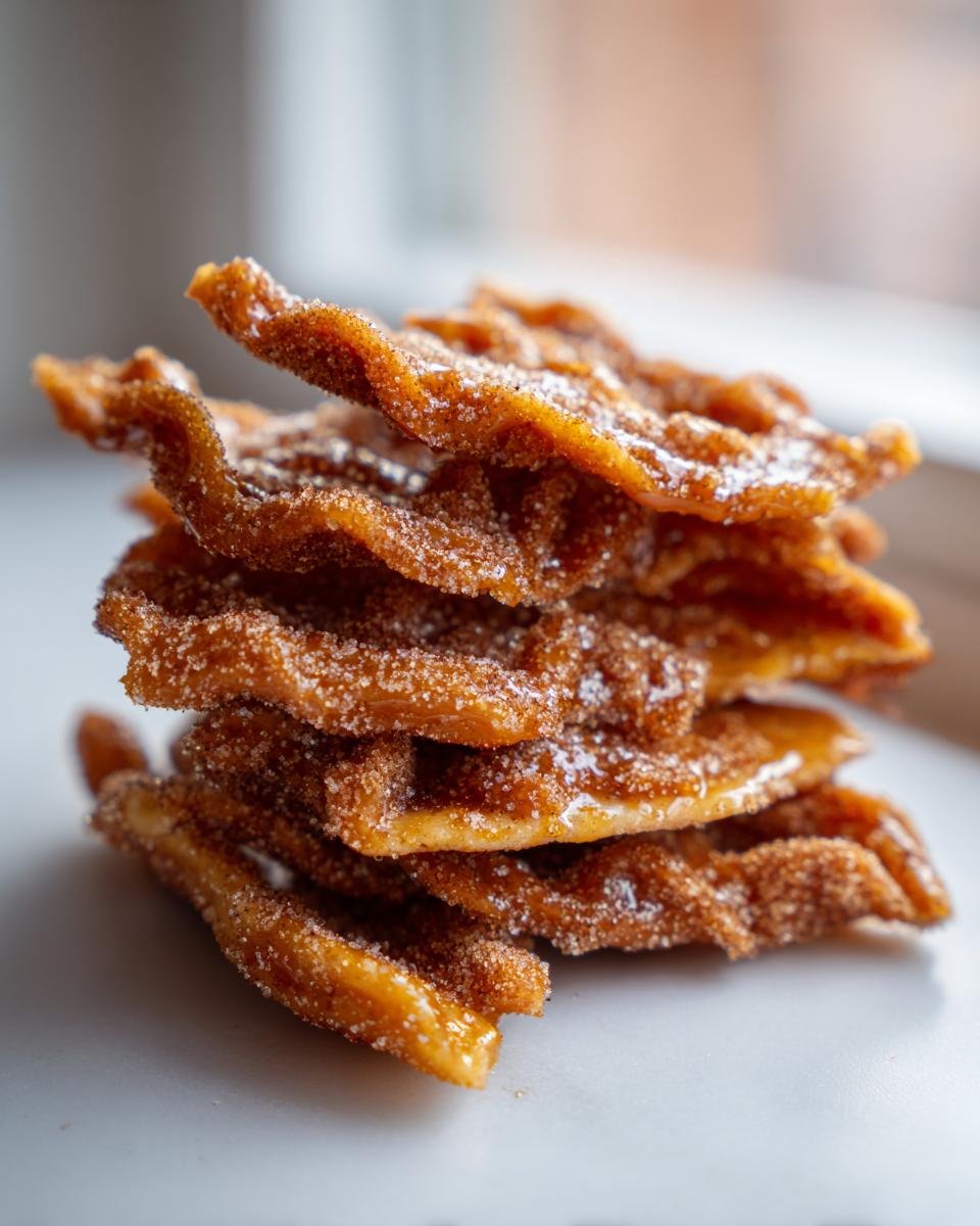 Toffee aux Crackers Churros : 1 délice magique 2 Gros plan d'une pile de Toffee aux Crackers Churros, saupoudrés de sucre et de cannelle.