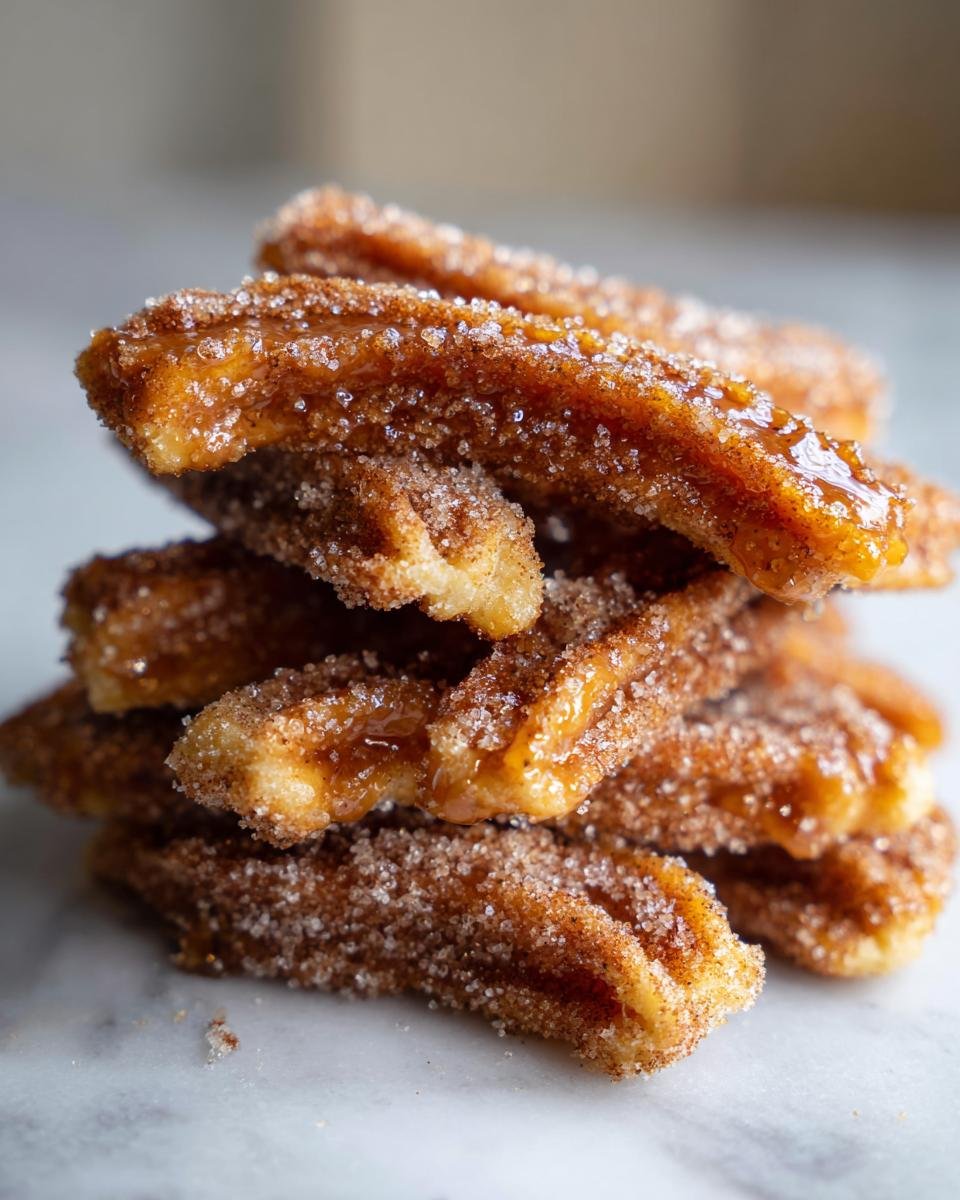 Toffee aux Crackers Churros : 1 délice magique 1 Gros plan sur une pile de Toffee aux Crackers Churros, généreusement enrobés de sucre et de cannelle.
