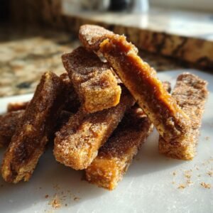 Gros plan de bâtonnets de toffee aux crackers churros recouverts de sucre et de cannelle.